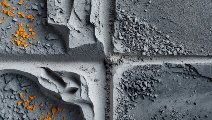 Leinwandbilder - Gray concrete texture with rough patterns and orange specks, featuring blocks intersecting at a central point, ideal for background use.
