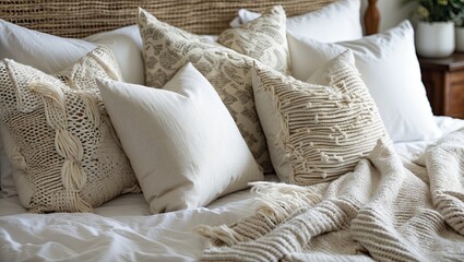 Poster - Neutral-toned decorative pillows arranged artfully on a cozy bed with textured throws and a warm wooden backdrop creating a serene atmosphere.