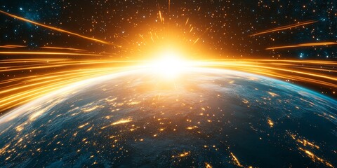 Wall Mural - planet earth illuminated with golden light trails, symbolizing global connectivity and communication