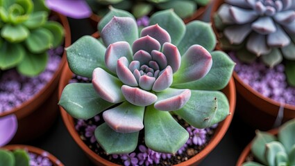 Aufkleber - Potted succulent with vibrant green and lilac leaves in terracotta pot, surrounded by small purple stones, showcasing nature's beauty.