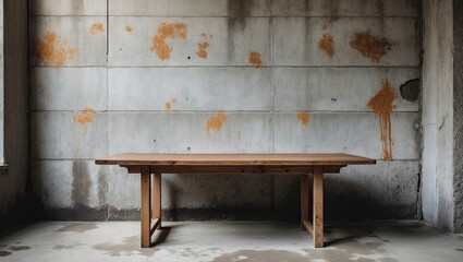 Poster - Wooden table centered against a textured grey cement wall with rust-colored stains, creating a minimalist, industrial aesthetic in natural lighting.