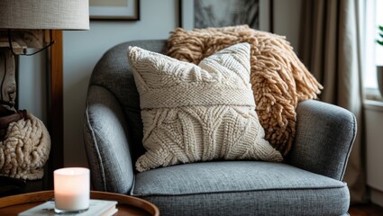 Poster - Cozy gray sofa chair adorned with a textured cream pillow and a fluffy beige throw, complemented by soft candlelight in a serene living room setting.