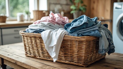 Poster - Wicker basket overflowing with colorful laundry on rustic wooden table in bright room with window natural light and space for text or design.