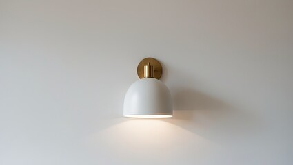 Aufkleber - Modern wall lamp with white dome shade and gold mount positioned centrally on a beige wall casting soft warm light against a white background