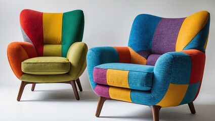 Aufkleber - Vibrant contemporary armchairs in green, blue, yellow, and red textures on a white background showcasing modern design and plush comfort.