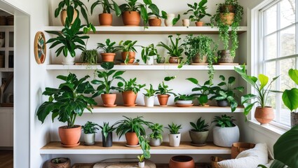 Aufkleber - Lush indoor garden with various potted plants on white shelves against a bright window, showcasing biophilic design and vibrant greenery.