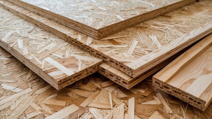 Poster - Wooden floorboards stacked neatly on OSB surface, in shades of light brown and beige, showcasing texture and layering for construction use.