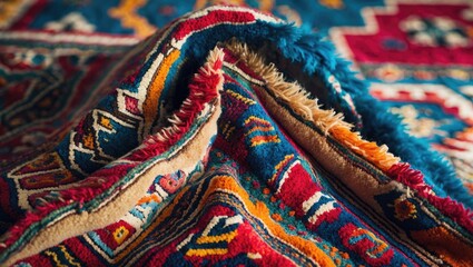Poster - Close-up of a richly textured traditional carpet in reds, blues, and golds draped over a vibrant patterned surface for dramatic effect