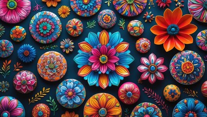 Aufkleber - Vibrant circular floral patterns in bright pink, blue, orange, and yellow with intricate detailing on a dark blue background creating a lively composition.