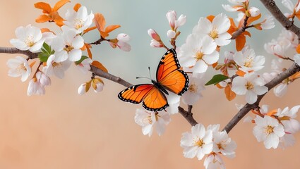 Poster - Bright orange butterfly perched on a blooming apricot blossom branch with white flowers against a soft pastel background featuring warm gradients.