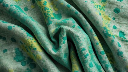 Aufkleber - Abstract textured fabric in shades of teal and green with yellow accents, draped elegantly to show dynamic folds and unique patterns.