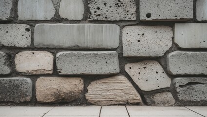 Poster - Gray and beige concrete stone wall with varying textures and patterns, positioned horizontally in a rustic setting, ideal for architectural backgrounds.