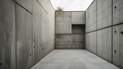 Poster - Minimalist concrete interior with gray walls and an open space under a cloudy sky, featuring sharp angles and a modern architectural design.