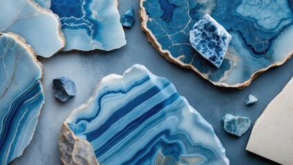 Poster - Blue and gray agate stones arranged on a textured surface showcasing various shades and patterns emphasizing natural beauty and elegance