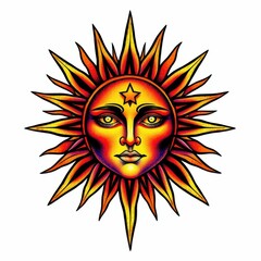 celestial sun with human face: an intricate illustration of a stylized sun with a human face, radiat