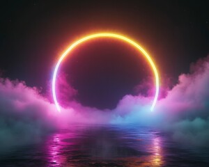 Wall Mural - a glowing circle of light is reflected in the water. the colors are bright and vibrant, creating a s