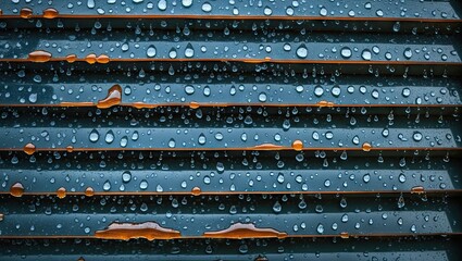 Wall Mural - Raindrops glistening on blue louvered glass with orange highlights creating a textured pattern capturing the essence of a rainy day ambiance.