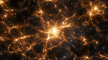 artistic representation of a glowing cosmic network with golden light particles connected in space.