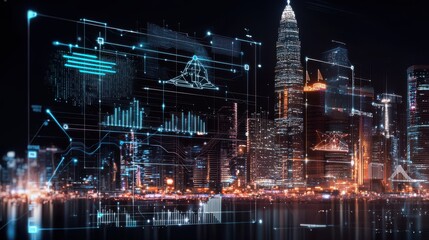 Futuristic night cityscape with illuminated skyscrapers and a dashboard displaying financial data visualizations charts and analytics on a digital interface  Concept of smart city development