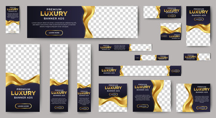 Wall Mural - black and gold banner templates set with standard size for web. business banner with place for photo