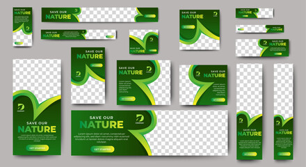 Wall Mural - green banner design web template set, horizontal header web banner. modern gradient green cover head