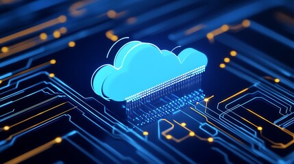 Wall Mural - abstract digital illustration of cloud computing concept with blue cloud on a futuristic circuit bac