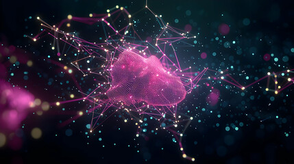 Abstract digital brain network with glowing points and lines in blue pink and yellow with dark background