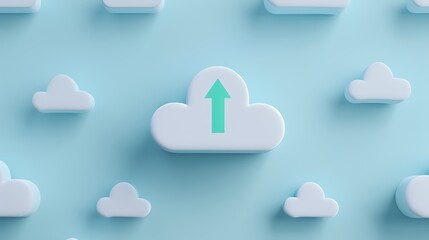 Abstract representation of cloud storage with upload symbol and soft clouds on a blue background