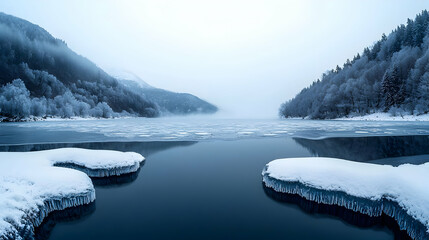 Snow Covered Shorelines Frame Reflective Lake Between Forested Mountains Under Overcast Sky