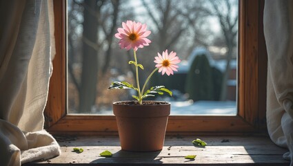 Poster - Cozy potted flowers with pink petals on a wooden windowsill, soft sunlight streaming through, winter landscape visible outside.