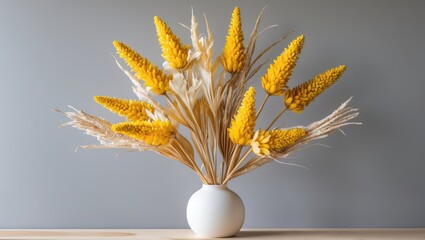 Poster - Bright yellow dried flowers arranged in a white vase on a wooden table against a light gray wall, creating a vibrant and elegant floral display.