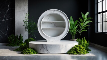 Poster - Minimalistic white marble stone podium with round shelving, fresh green moss accents, positioned in a dark room with backlighting and plants.