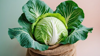 Poster - Fresh Chinese cabbage nestled in a burlap sack with vibrant green leaves against a soft pastel background in shades of pink and green.