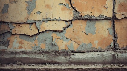Poster - Vintage abstract concrete wall with cracked yellow and gray textures, central focus on rough surface, distressed and peeling paint elements.