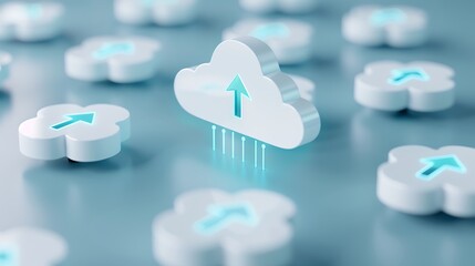 Wall Mural - cloud storage concept with upload arrow symbol and stylized clouds on a soft blue background