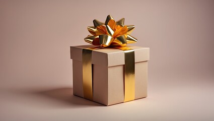 Poster - Elegant gift box adorned with a shiny golden bow and ribbon, positioned slightly off-center against a soft pastel background.