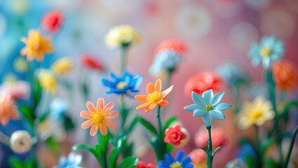 Poster - Colorful plastic flowers in focus with a blurred pastel backdrop of blues, pinks, and yellows creating an abstract and dreamy atmosphere.