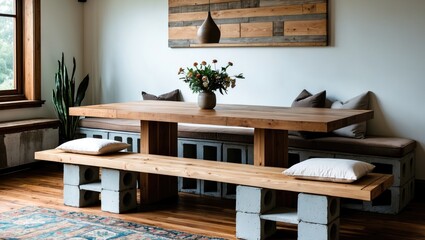 Fototapete - Modern dining room showcasing a rustic wooden table with a natural finish, concrete block bench with cushions, and a stylish pendant light above.