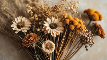 Leinwandbilder - Dried flowers bouquet with warm tones of brown and yellow positioned centrally on a soft beige background creating an artistic vintage ambiance.