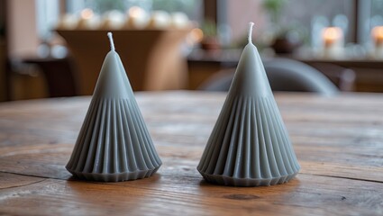 Poster - Gray cone-shaped decorative candles on a rustic wooden table, positioned closely, with a soft bokeh background of warm candlelight.