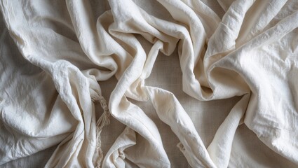 Aufkleber - Crumpled white linen fabric texture with soft natural folds and organic cotton appearance, viewed from above on a neutral background