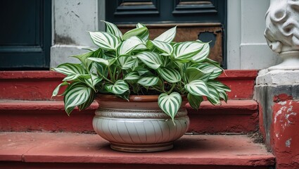 Fototapete - Lush Epipremnum plant in decorative ceramic planter resting on vibrant red outdoor steps with charming architectural details in the background