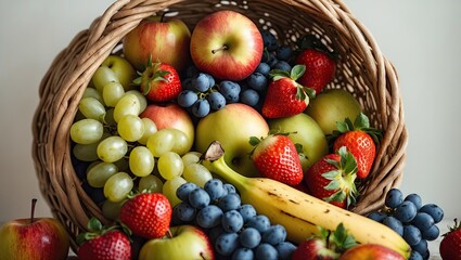 Poster - Wicker basket filled with vibrant red apples, green apples, strawberries, blue grapes, and yellow banana against a neutral background with copy space.