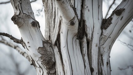 Fototapete - Aged white wooden tree trunk showcasing intricate textures and weathered details set against a soft background of muted light tones.