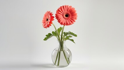 Poster - Fresh pink gerbera daisies with green leaves in a round glass vase against a light grey background, enhancing floral elegance and simplicity.