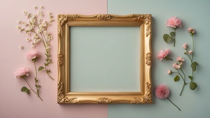 Aufkleber - Gold ornate wooden frame centered between soft pink and pastel blue backgrounds, surrounded by delicate pink and white flowers creating a serene aesthetic.