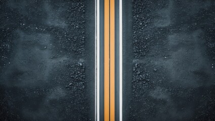 Aufkleber - Aerial view of an empty asphalt highway featuring two white lines and one yellow line centered on dark textured pavement, ideal for design overlay.