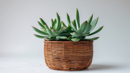 Leinwandbilder - Succulent plant with green leaves positioned in a brown rattan wicker basket, set against a clean white background for a fresh aesthetic.