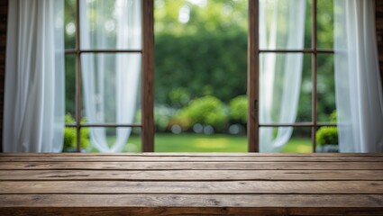 Poster - Empty wooden tabletop in the foreground with a blurred white curtain window above and a vibrant green garden background for product display template.