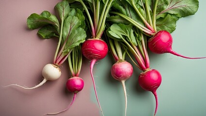 Poster - Fresh vibrant radishes in pink and white on a soft pastel background with green leaves positioned artistically for a colorful food display.